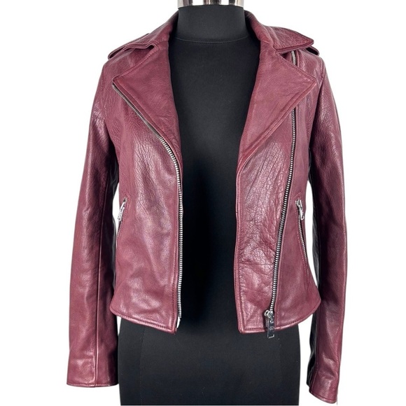 ALL SAINTS HADI CHERRY TUSCAN RED ZIP UP BUFFALO LEATHER BIKER MOTO JACKET - Picture 7 of 16